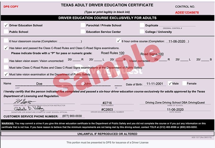 Texas Driver Education Certificate Of Completion - prntbl ...